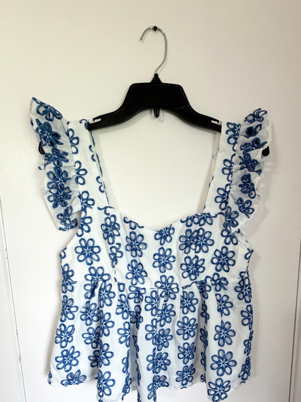 SHEIN  White Blouse with Blue Floral Eyelet Ruffles